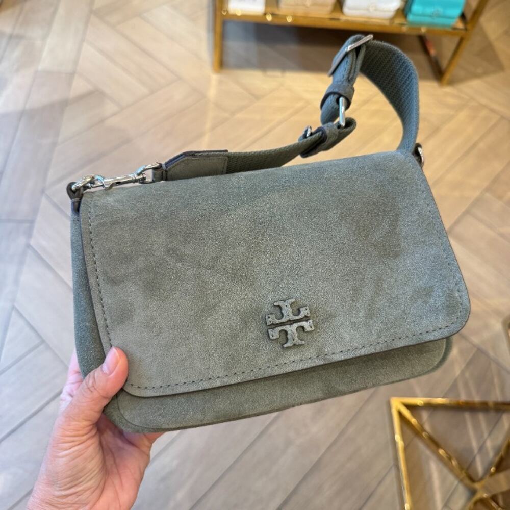Tory Burch Thea Suede Flap Shoulder Bag 180450 Soft Foliage $575